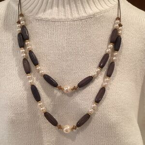 Cream Pearls Black and Metal Beaded Double-Strand Necklace